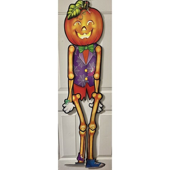 VINTAGE SKELETON JACK O’ LANTERN SPIDERWEB SUIT HALLOWEEN DECORATION DIE CUT 60” - Picture 1 of 13